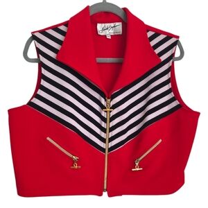 Vintage 80s Linda SEGAL Red Vest with Striped Pattern and Gold Zipper Details 14